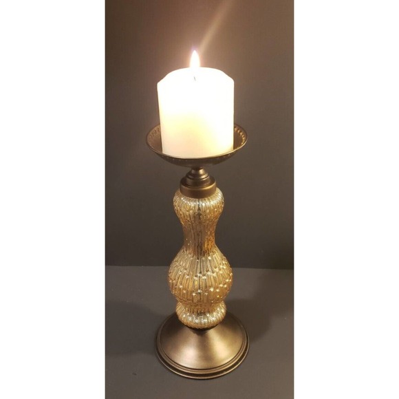 FALL Pillar Candle Holder, Lovely Iridescent Amber Glass & Bronze Metal 12 1/4"! - Picture 1 of 4